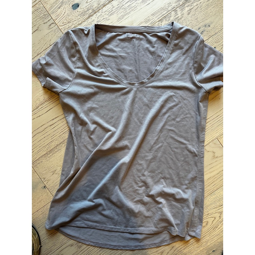 Athleta Womens V-Neck Short Sleeve Tee Taupe Grey Activewear Top Size S